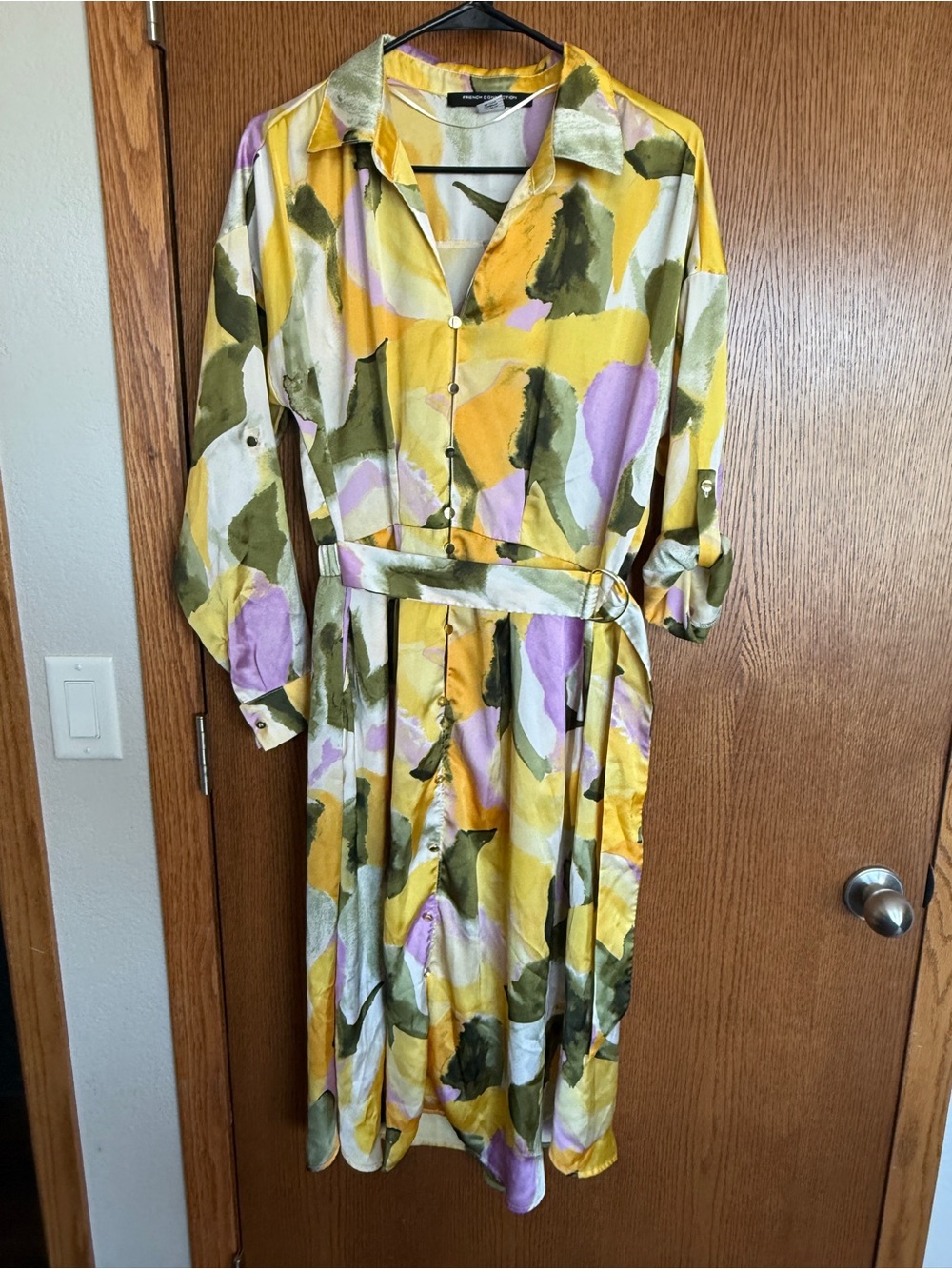 French Connection Yellow Olive & Lavender Abstract Button-Front Midi Dress